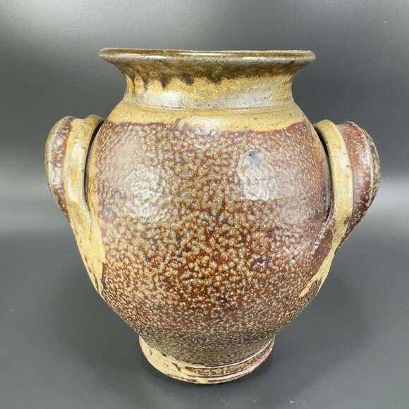 Vintage Hand Made USA Pottery Stoneware Vase Round Bottom Heavy With Handles VTG - Picture 9 of 13